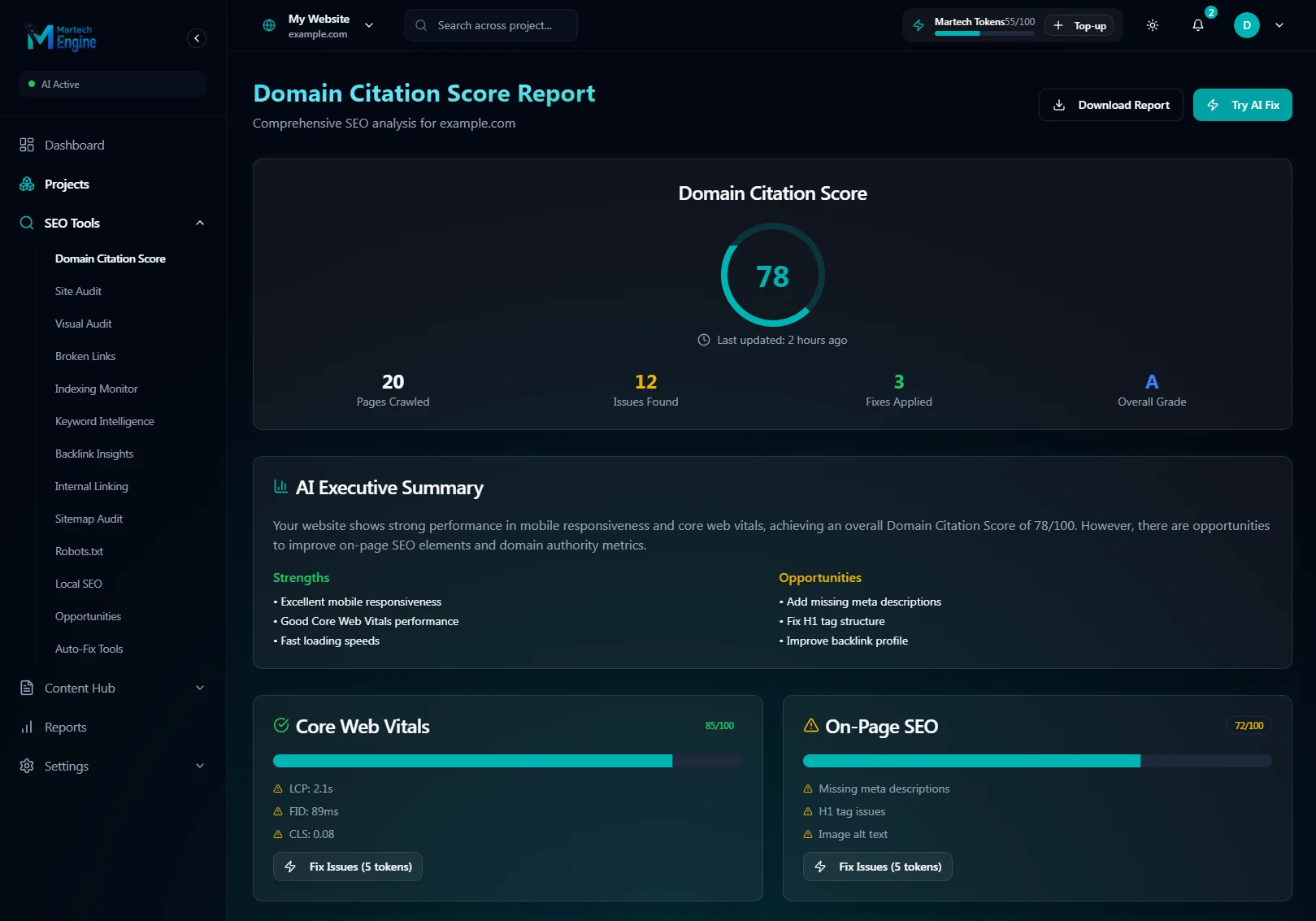 Analytics dashboard with charts illustrating DCS building Project Memory from scans